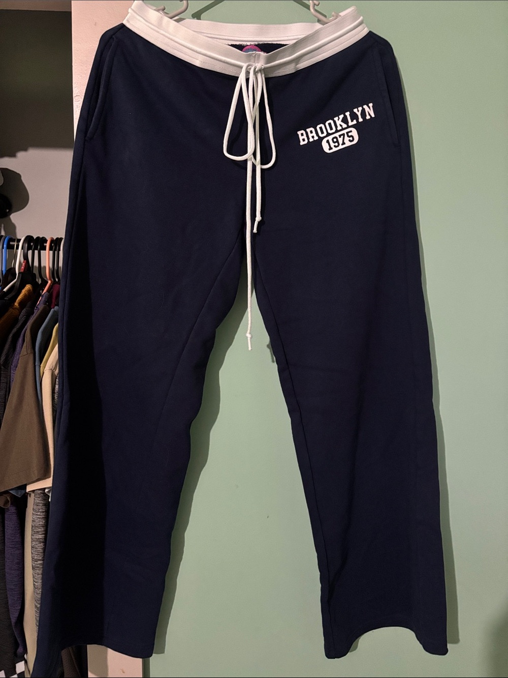 Edikted Navy Wide Leg Sweatpants with White Waistband and Drawstring